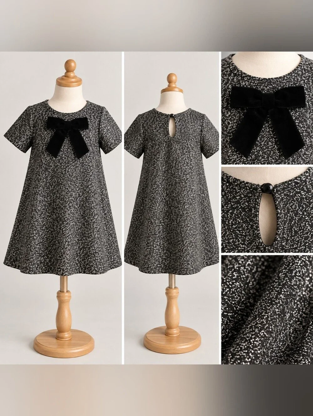 NWT H&M Girls Metallic Silver Black Bow Party Dress 3/4T